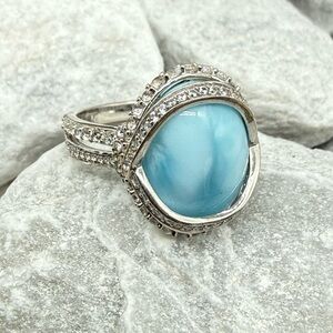 Larimar White Zircon Halo Ring Rhodium 925 Sterling Sz 7 Statement 13.1 ctw Oval